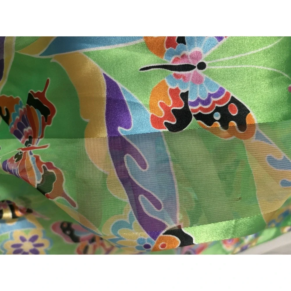 Vibrant Butterfly Scarf Polyester Sheer Green Long Rectangle Neck